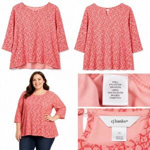 CJ Banks 3x Pink Lace Floral Blouse Keyhole Back
